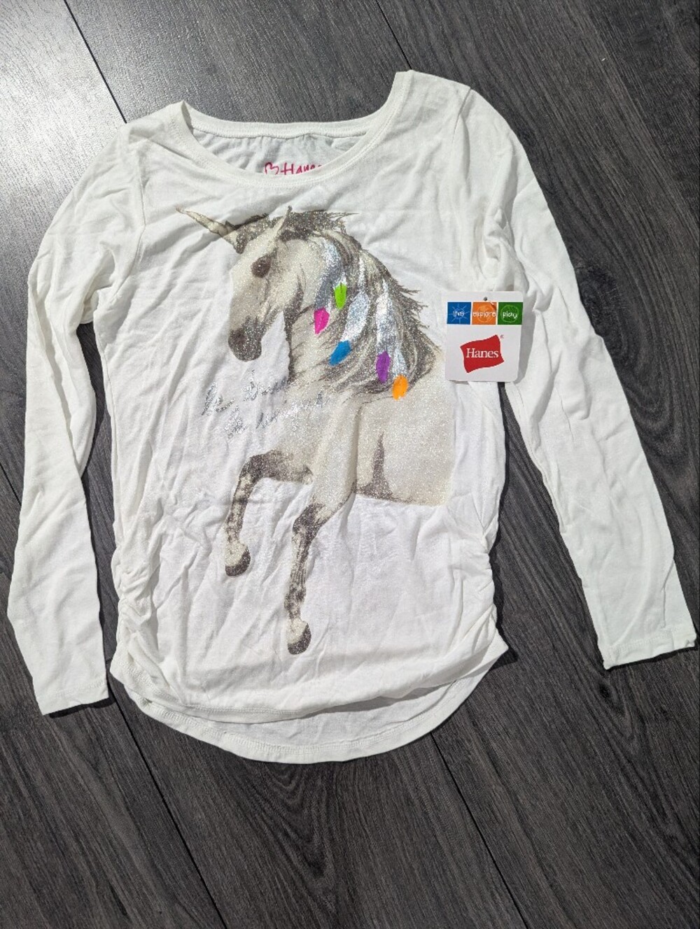 Hanes Girls' White Long Sleeve Glittery Unicorn Tee with Rainbow Accents